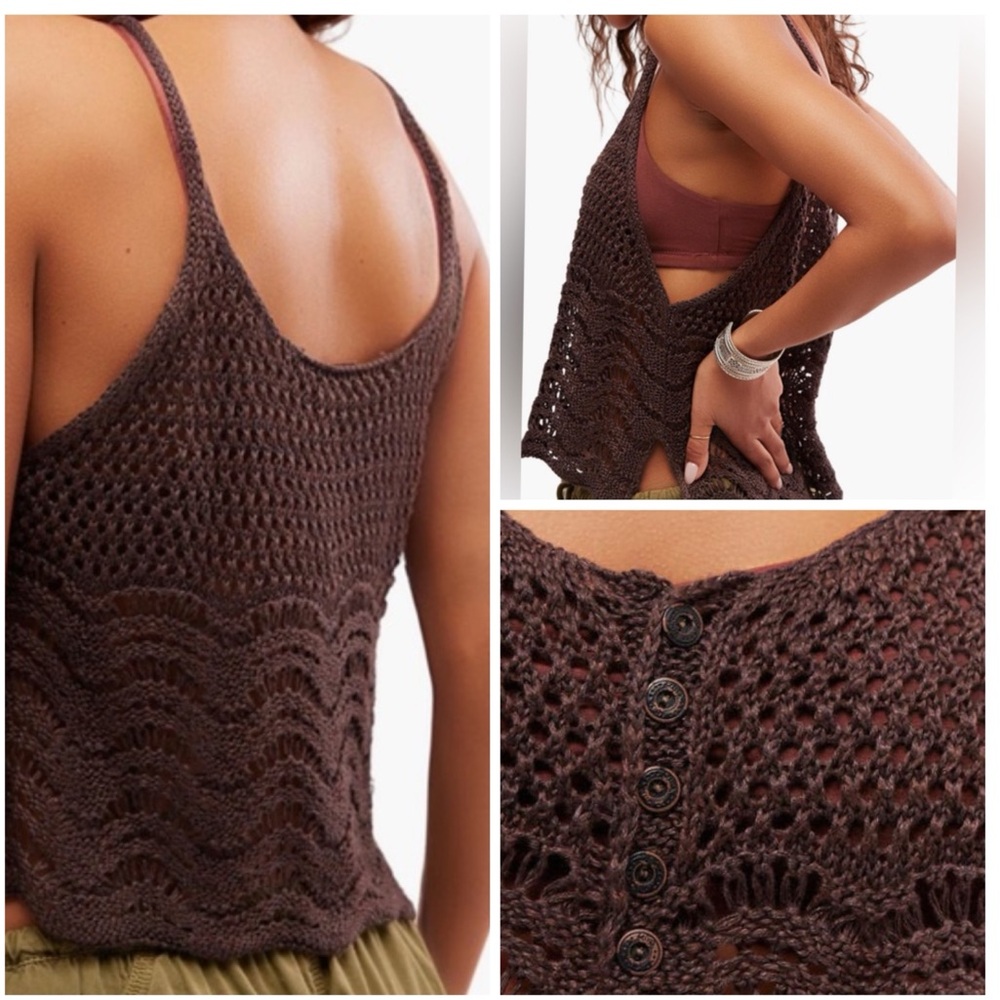 Free People NWT Boho Summer Breeze Open Knit Linen Blend Scoop Neck Camisole M - Picture 1 of 14